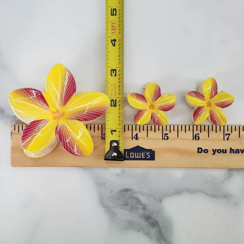 3 pc Hawaiian Flower Claw Clips Hair Accessories - Yellow and Maroon
